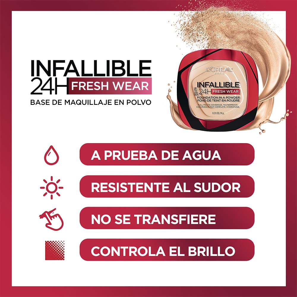 L’Oréal Paris Infallible Fresh Wear powder swatch highlights natural matte glow.
