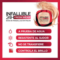 L’Oréal Paris Infallible Fresh Wear powder swatch highlights natural matte glow.