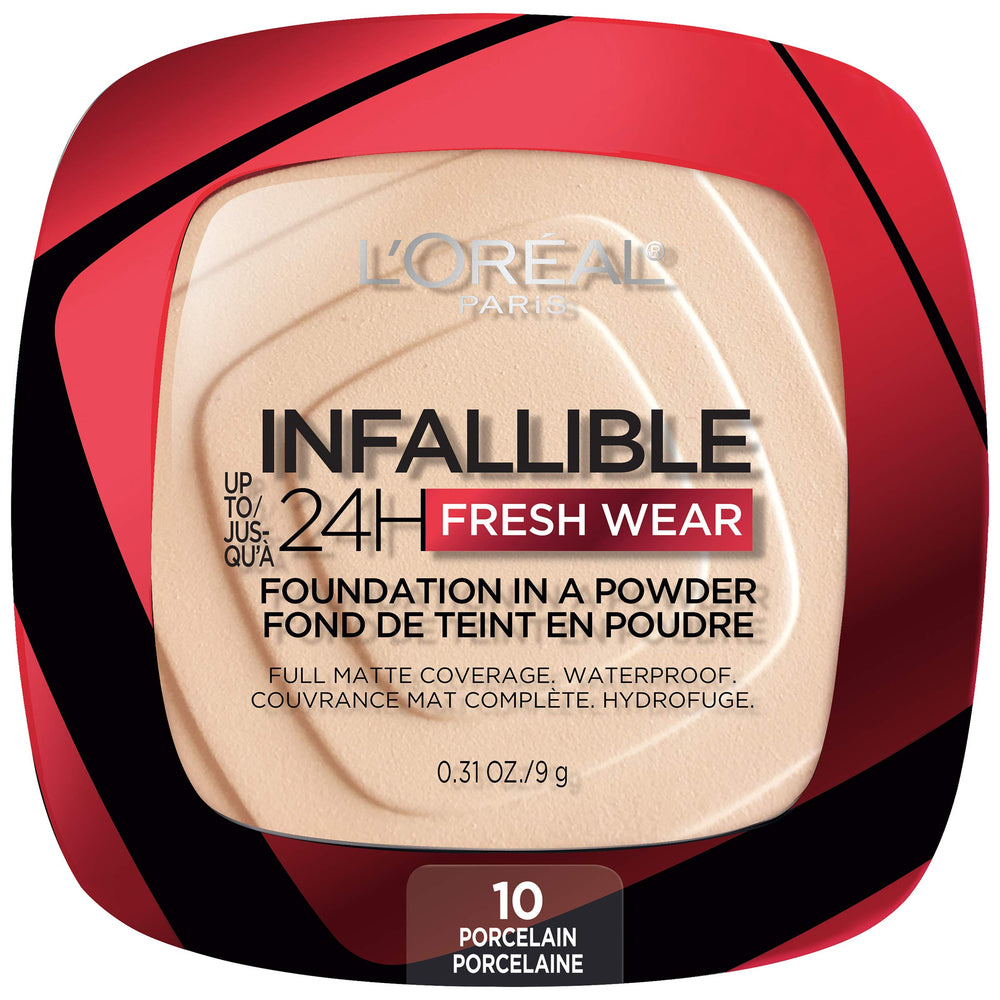 L'Oreal Paris Infallible Fresh Wear foundation powder porcelain compact shows a long-lasting matte finish.