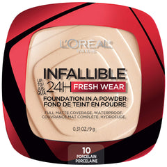 L'Oreal Paris Infallible Fresh Wear foundation powder porcelain compact shows a long-lasting matte finish.