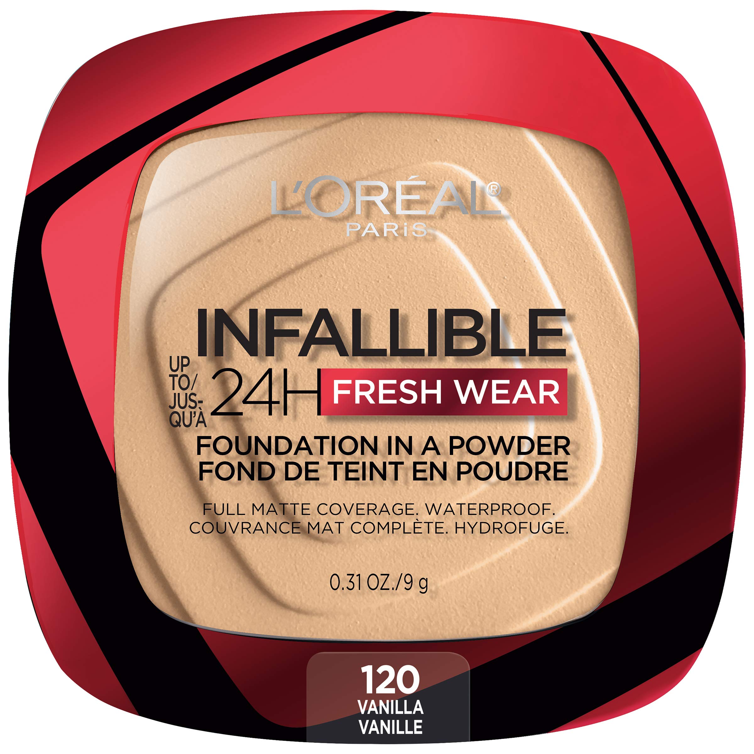 L'Oreal Paris Infallible Fresh Wear Foundation Powder compact shows vanilla shade for all-day wear.