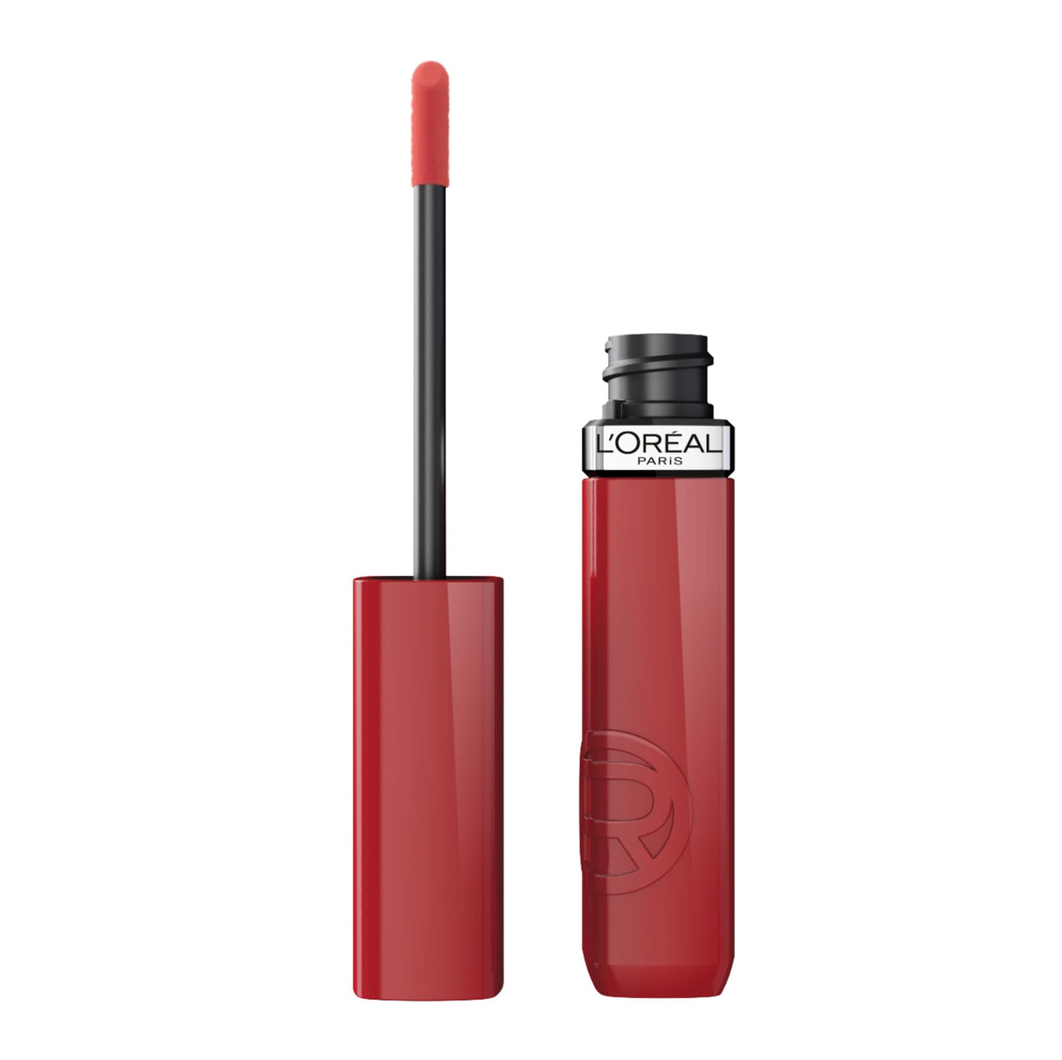 L'Oreal Paris Infallible Lacque lipstick Drunk In Rose bottle closeup for all-day lacquer shine.
