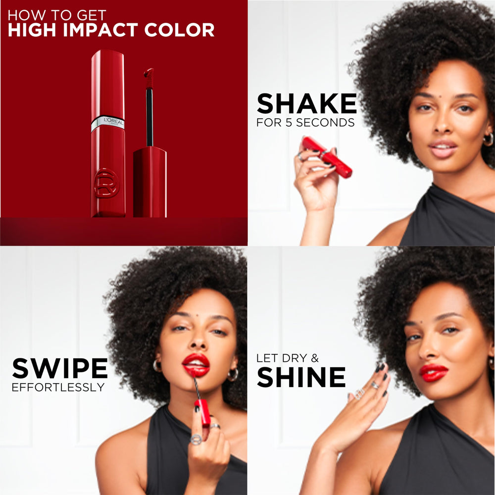 Lip drying time visual highlighting transfer-resistant finish during wear.