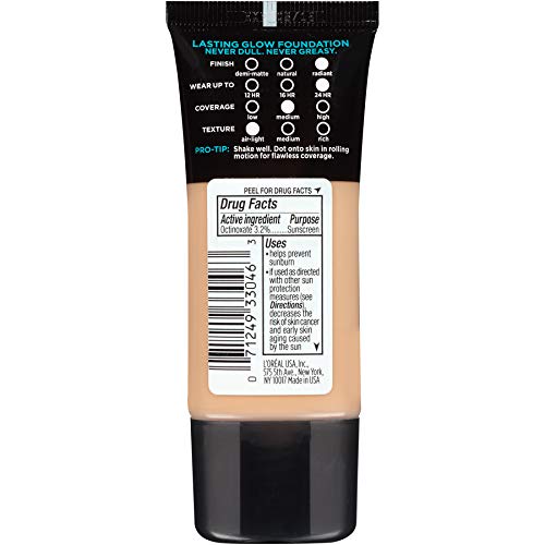 L'Oreal Paris Infallible Pro Glow foundation swatches highlight medium coverage for a natural look.