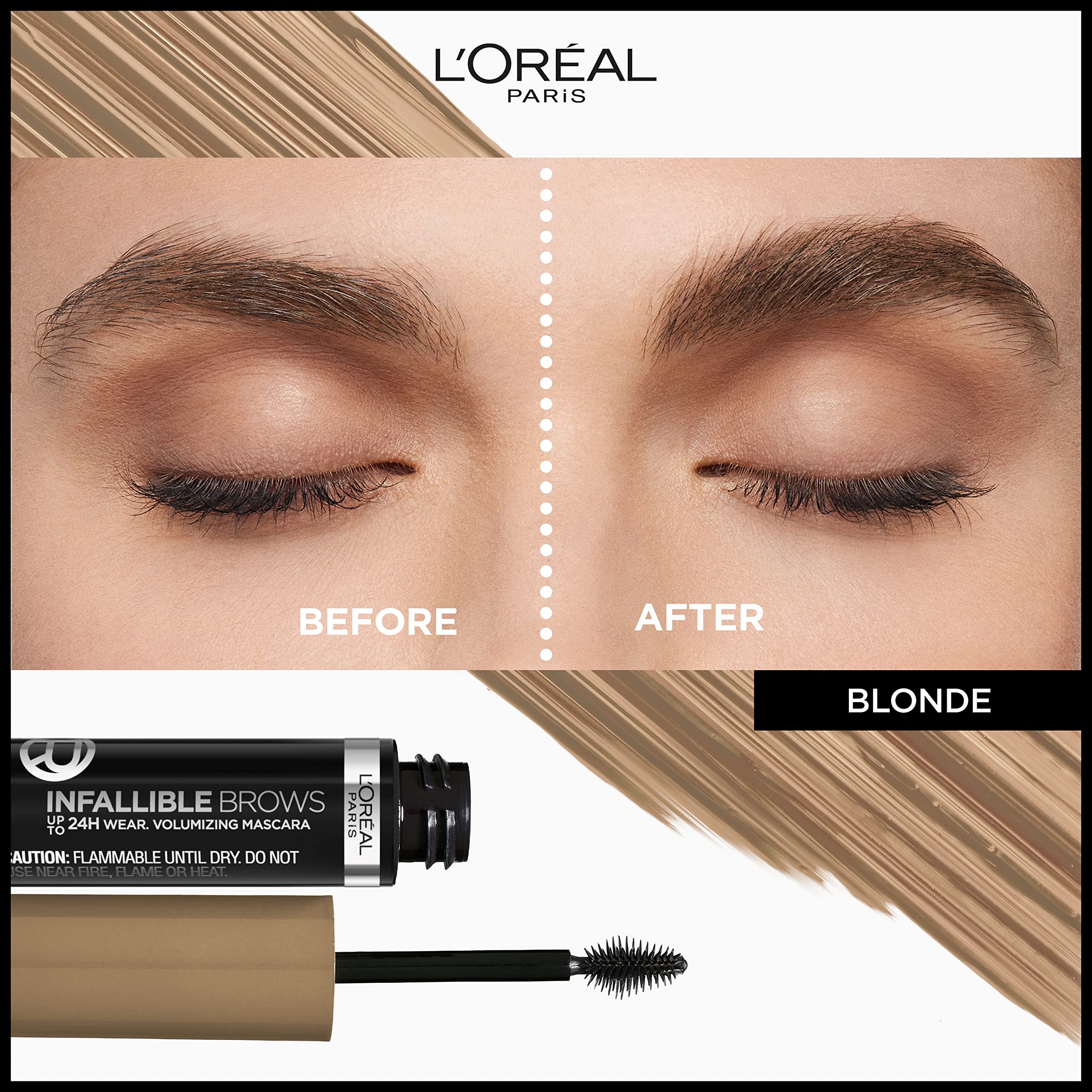 L'Oreal Paris Infallible brow mascara brush closeup shows 3D micro-grip for fuller brows.