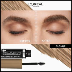 L'Oreal Paris Infallible brow mascara brush closeup shows 3D micro-grip for fuller brows.