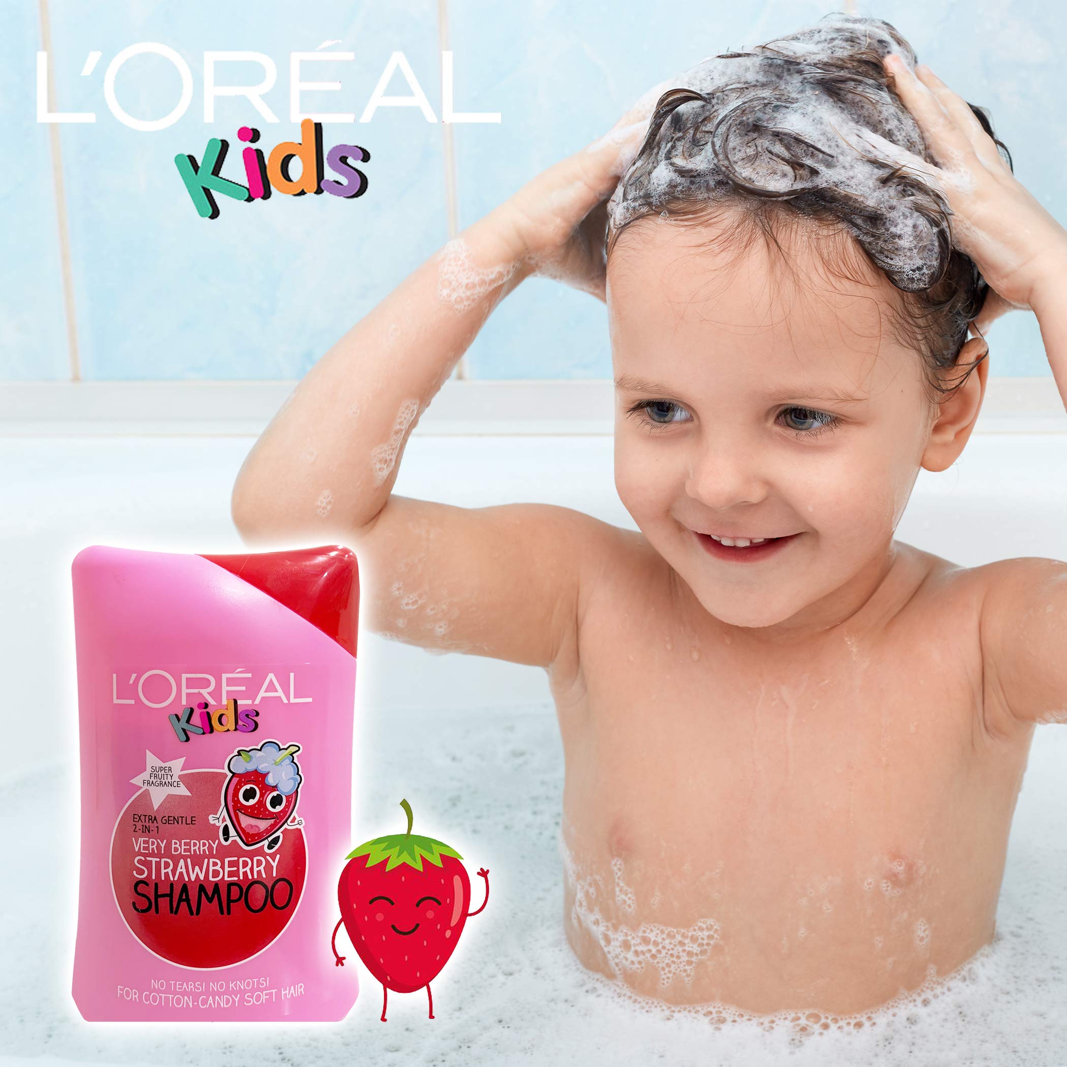 L'Oreal Paris Kids 2in1 shampoo label closeup highlighting Very Berry fragrance.