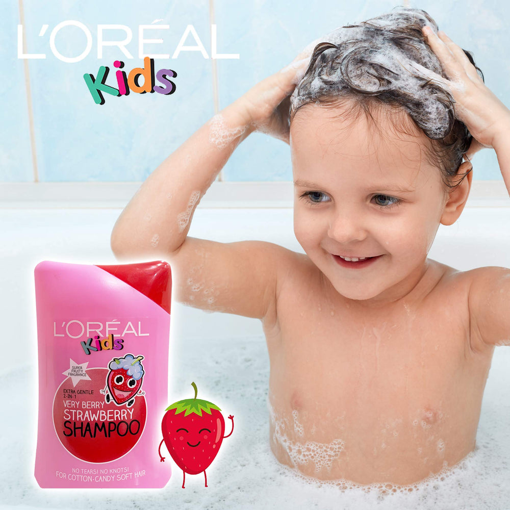 L'Oreal Paris Kids 2in1 shampoo label closeup highlighting Very Berry fragrance.