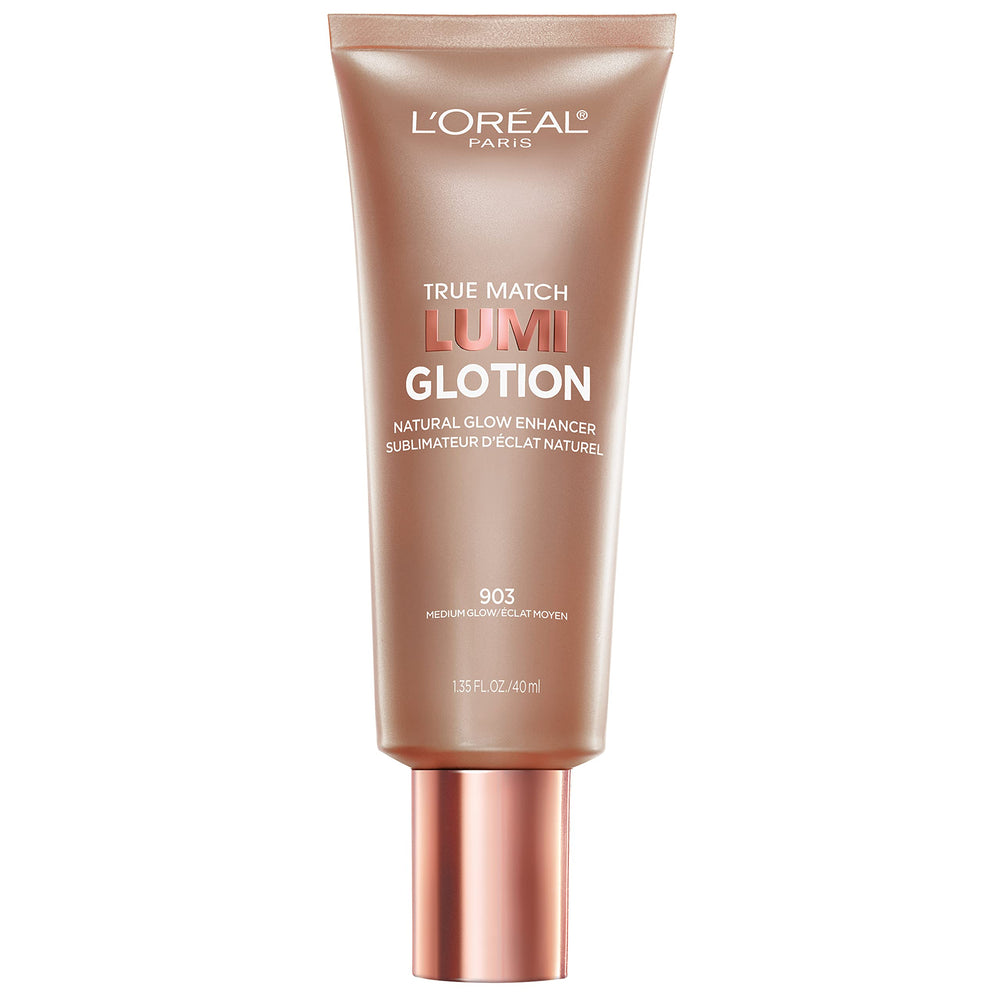 L'Oreal Paris Lumi Glotion bottle close-up showing radiant tinted moisturizer glow