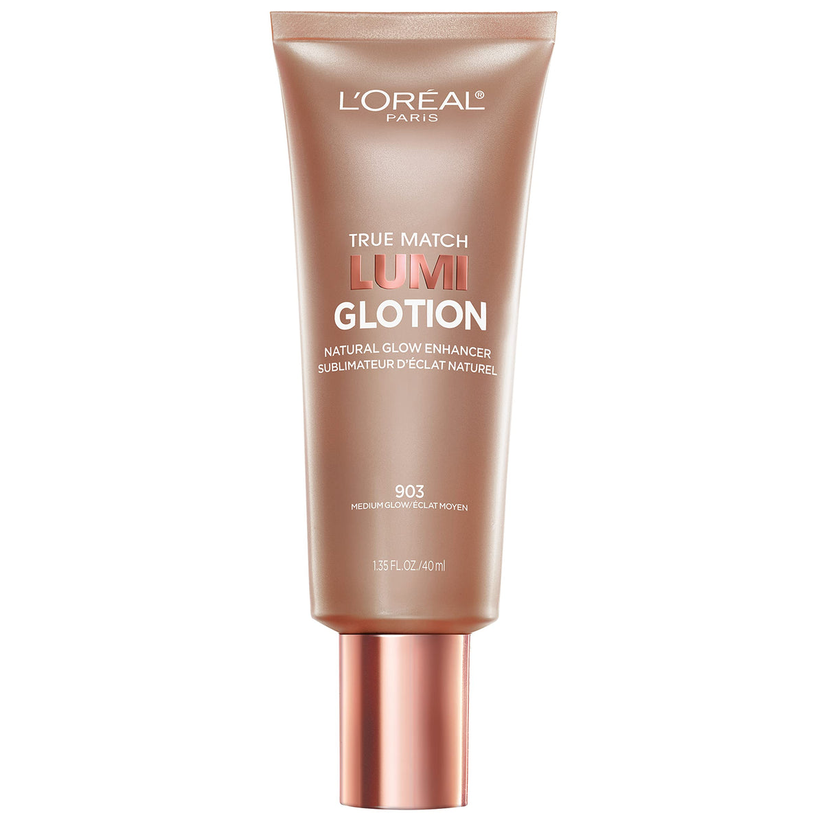 L'Oreal Paris Lumi Glotion bottle close-up showing radiant tinted moisturizer glow