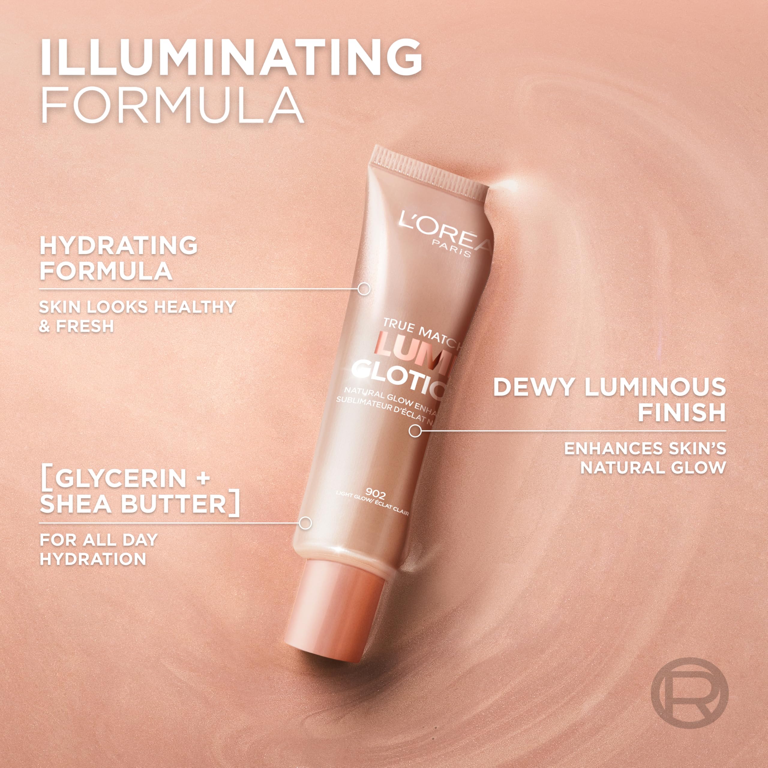 L'Oreal Lumi Glotion packaging close-up emphasizing hydration ingredients