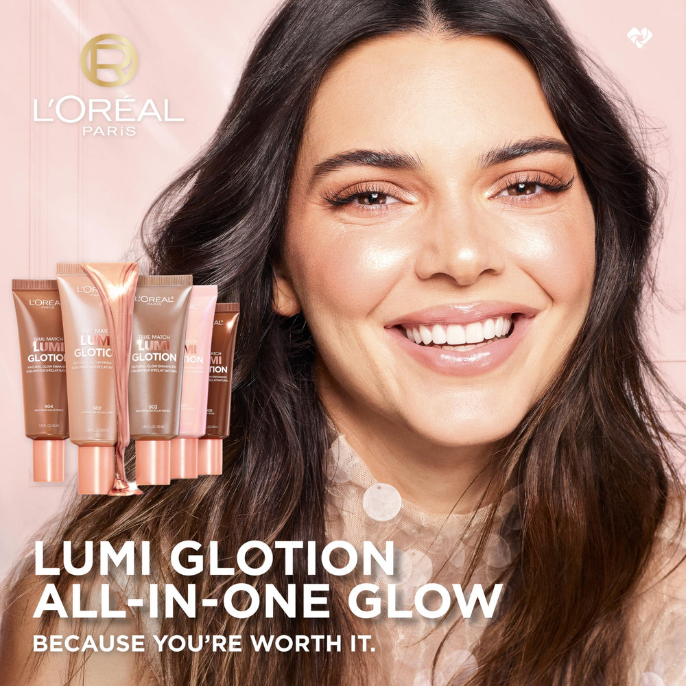 L'Oreal Lumi Glotion swirled texture highlighting lightweight glow on skin