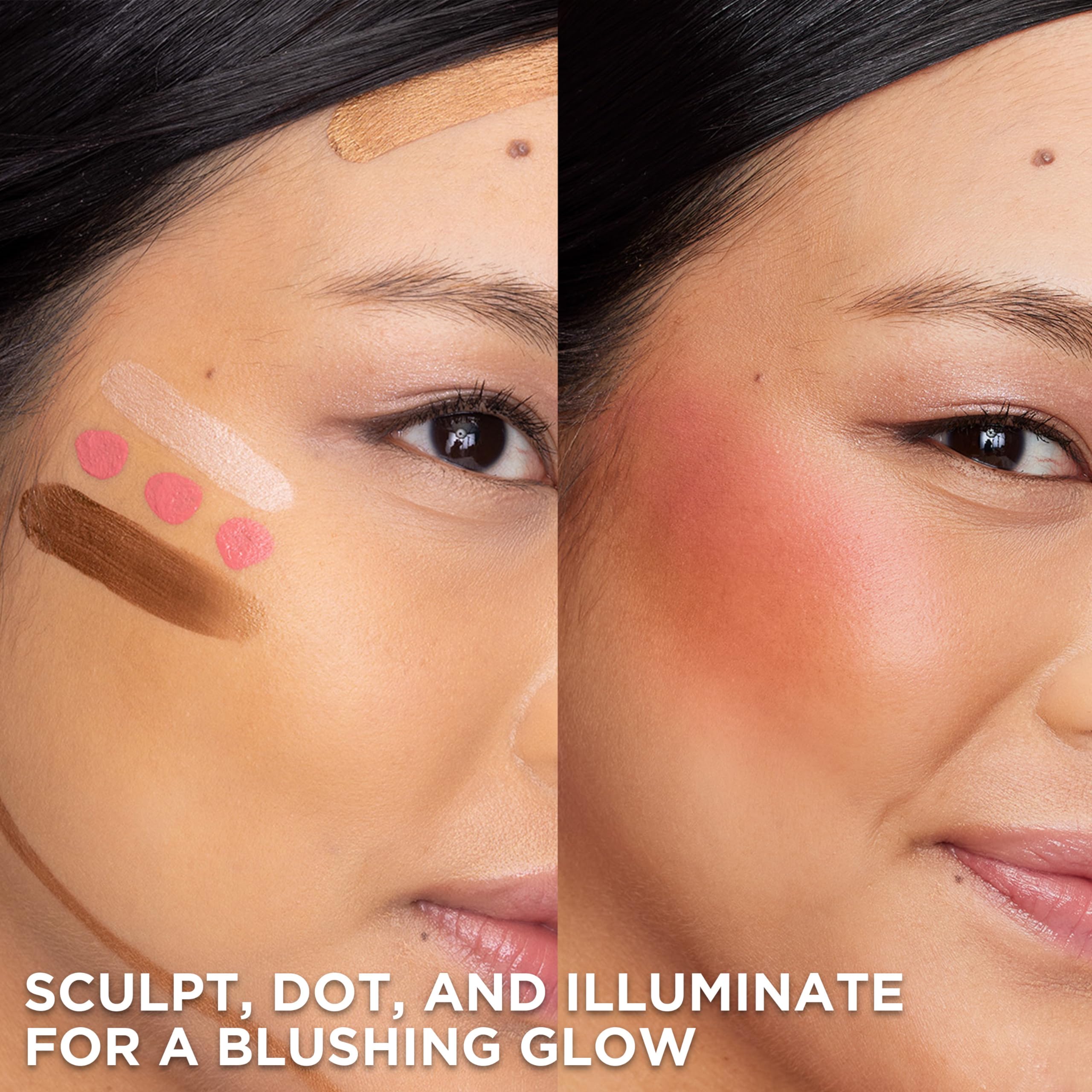 L'Oreal Paris Lumi Le Liquid Blush glow-on-cheek transition with universal berry shade swatch