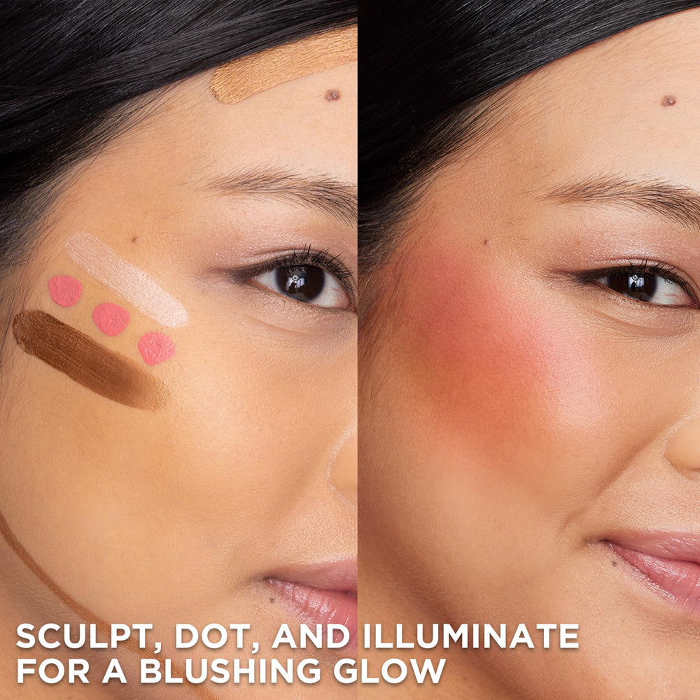 L'Oreal Paris Lumi Le Liquid Blush glow-on-cheek transition with universal berry shade swatch