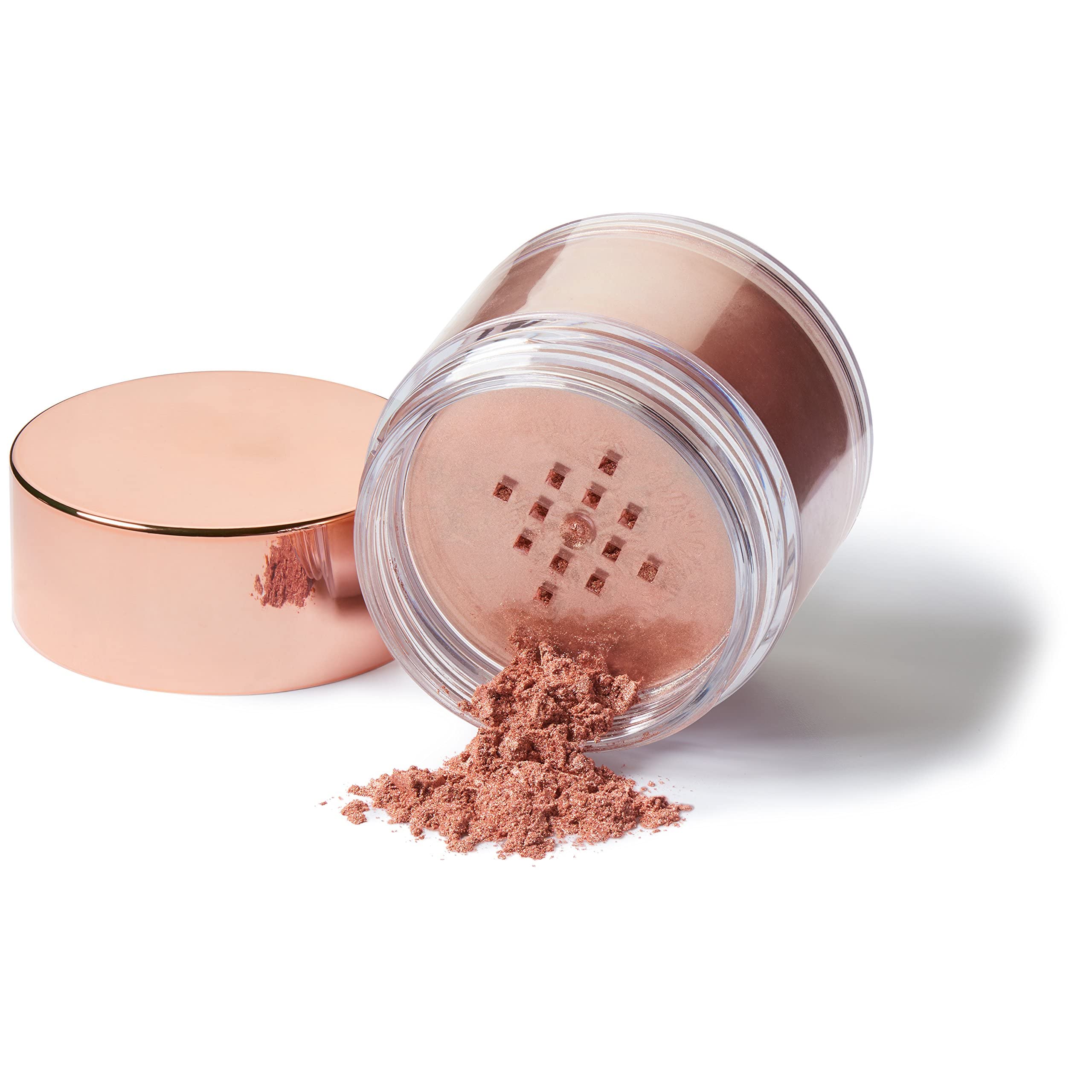 L'Oreal Paris Lumi Shimmerista Sunlight powder jar highlights a rose-gold iridescent glow on skin.