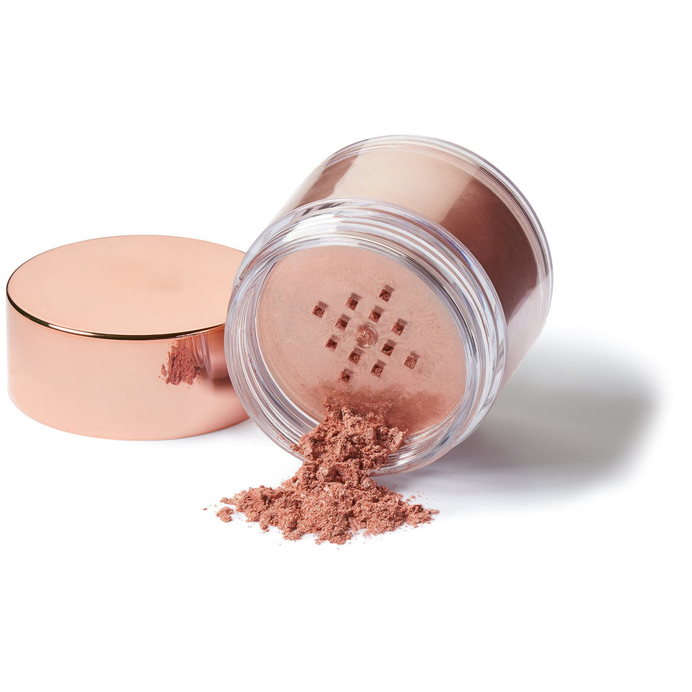 L'Oreal Paris Lumi Shimmerista Sunlight powder jar highlights a rose-gold iridescent glow on skin.
