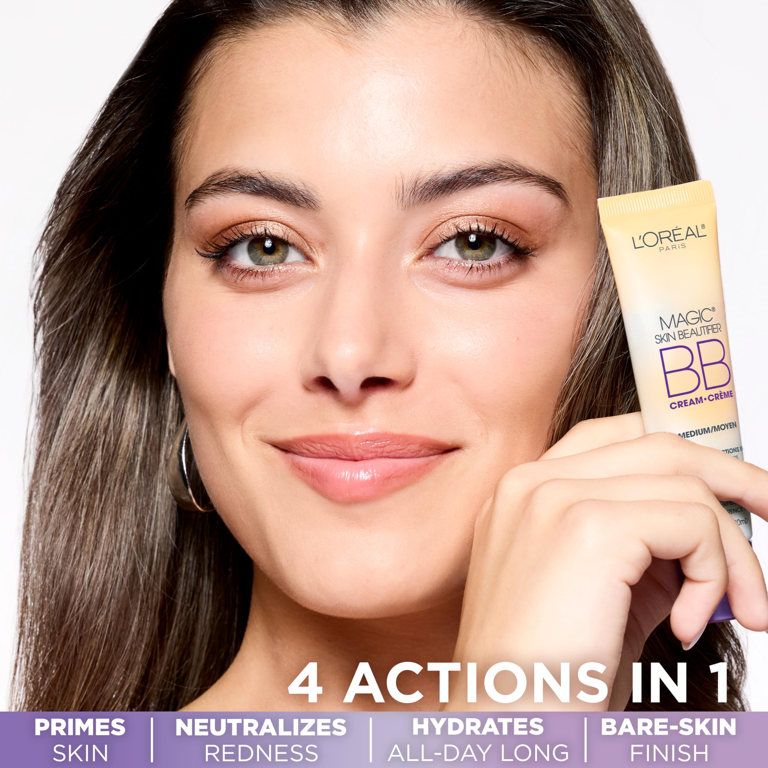 L'Oreal Paris Magic Skin Beautifier BB Cream Deep on face demonstrates luminous, bare-skin finish.
