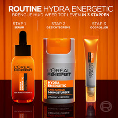 L’Oréal Paris Men Expert Hydra Energetic face close-up demonstrates smoothing, non-greasy feel.