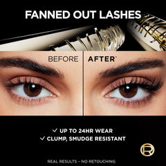 L'Oreal Paris Panorama Mascara dense fanned lashes emphasize length and lift.