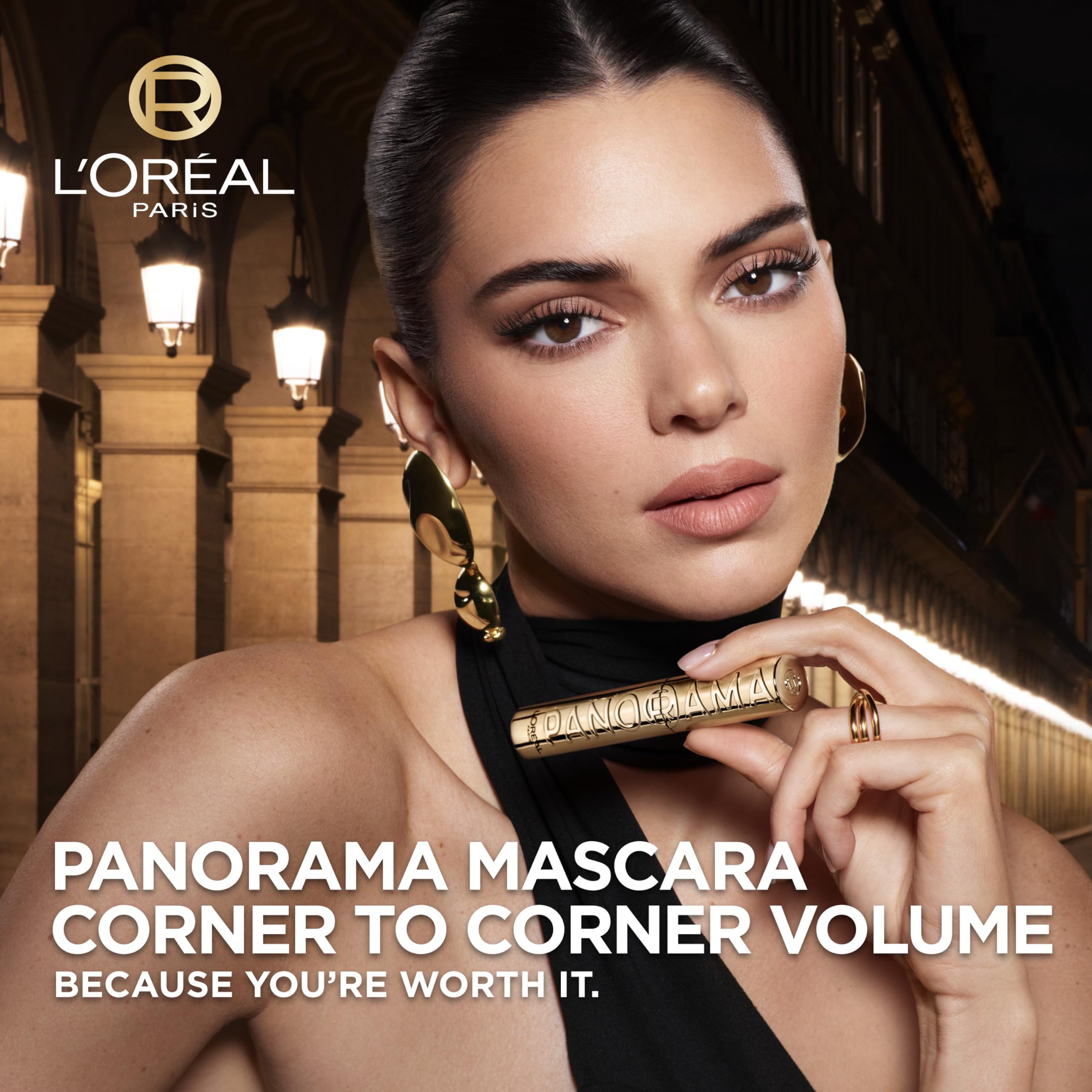 L'Oreal Paris Panorama Mascara lashes corner-to-corner demonstrates panoramic volume for a wide-eye look.