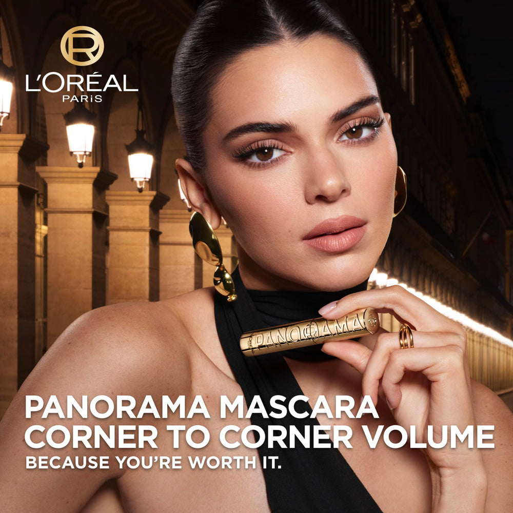 L'Oreal Paris Panorama Mascara lashes corner-to-corner demonstrates panoramic volume for a wide-eye look.