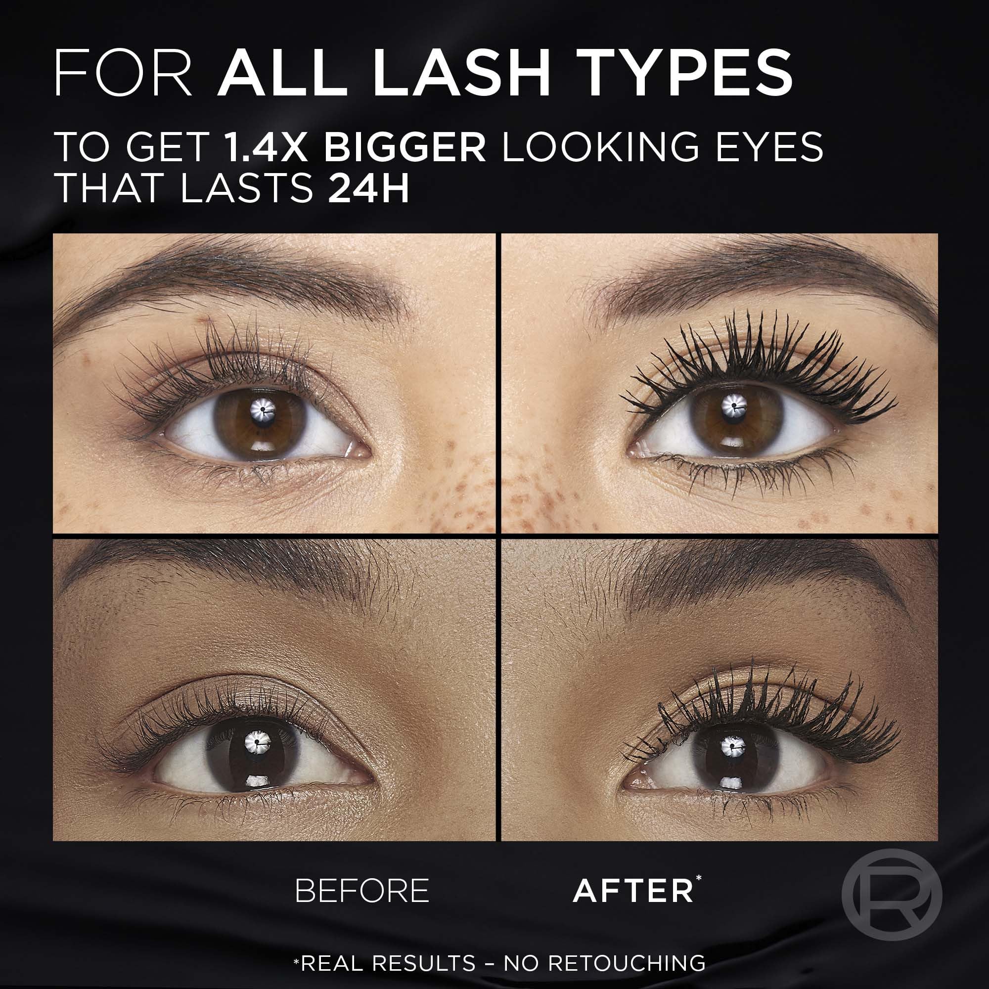 L'Oreal Paris Panorama Mascara on lashes showing length and eye-opening effect