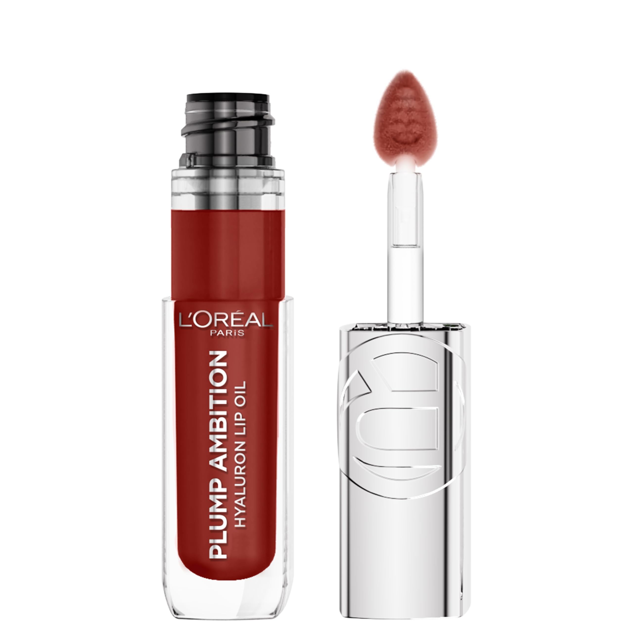 L'Oreal Paris Plump Ambition lip oil bottle delivers glass-like shine and hydration.