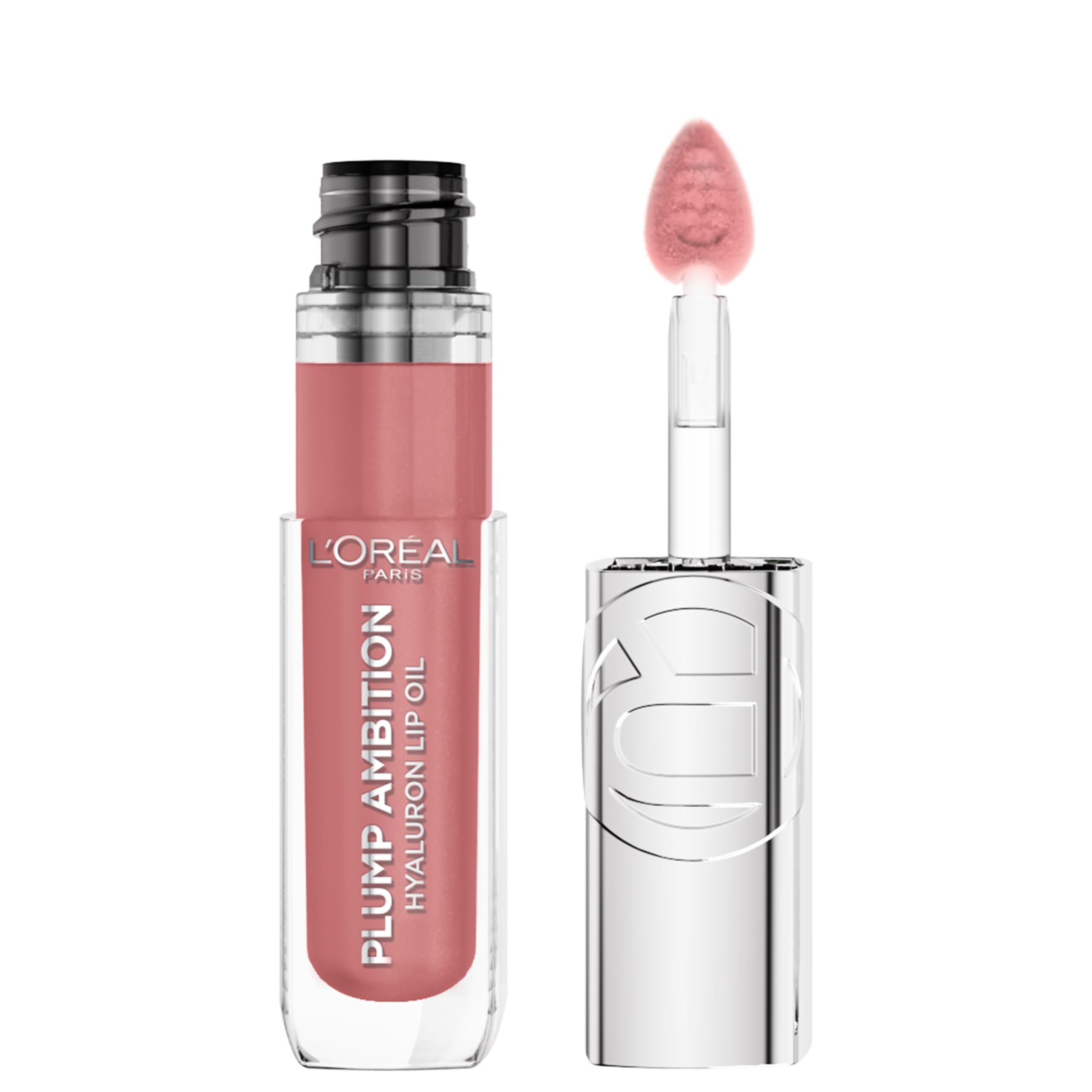 L'Oreal Paris Plump Ambition Hyaluron Lip Oil close-up showing glass shine and hydration