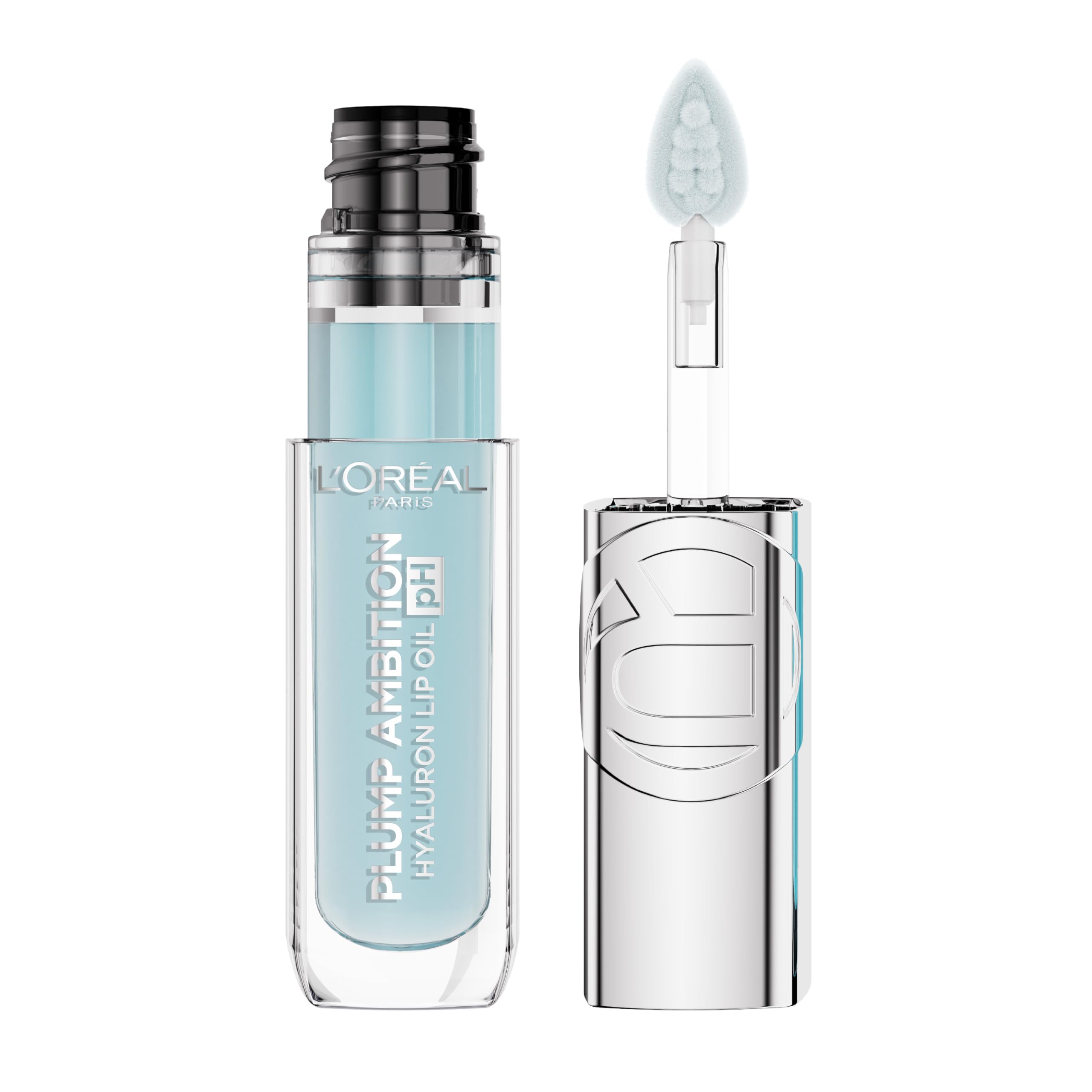 L'Oreal Paris Plump Ambition Lip Oil bottle shown, highlighting hydration and color-changing shine