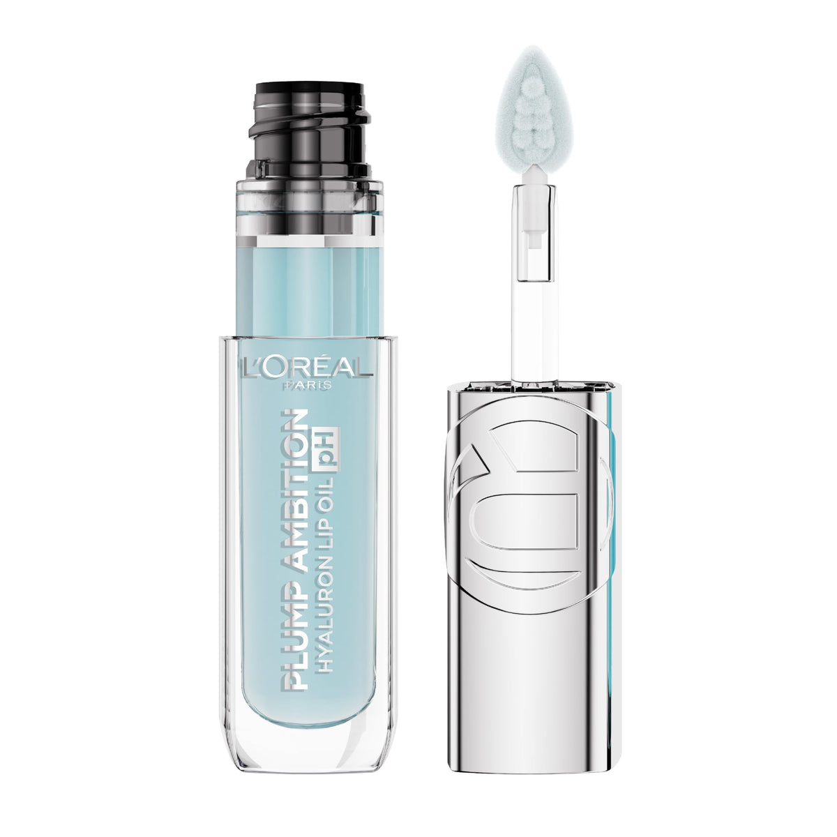 L'Oreal Paris Plump Ambition Lip Oil bottle shown, highlighting hydration and color-changing shine