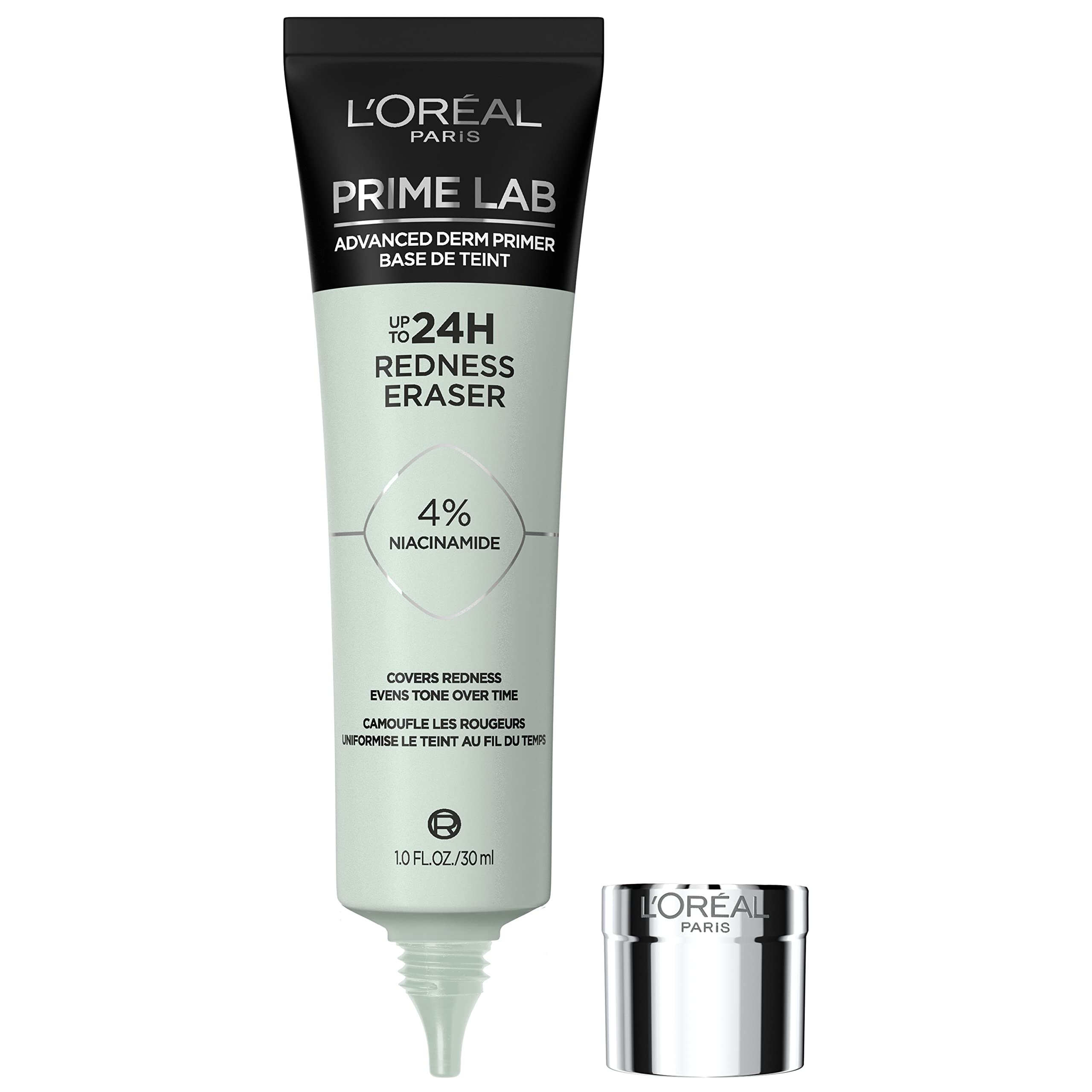 L'Oreal Paris Prime Lab Redness Eraser bottle closeup with redness-neutralizing Niacinamide