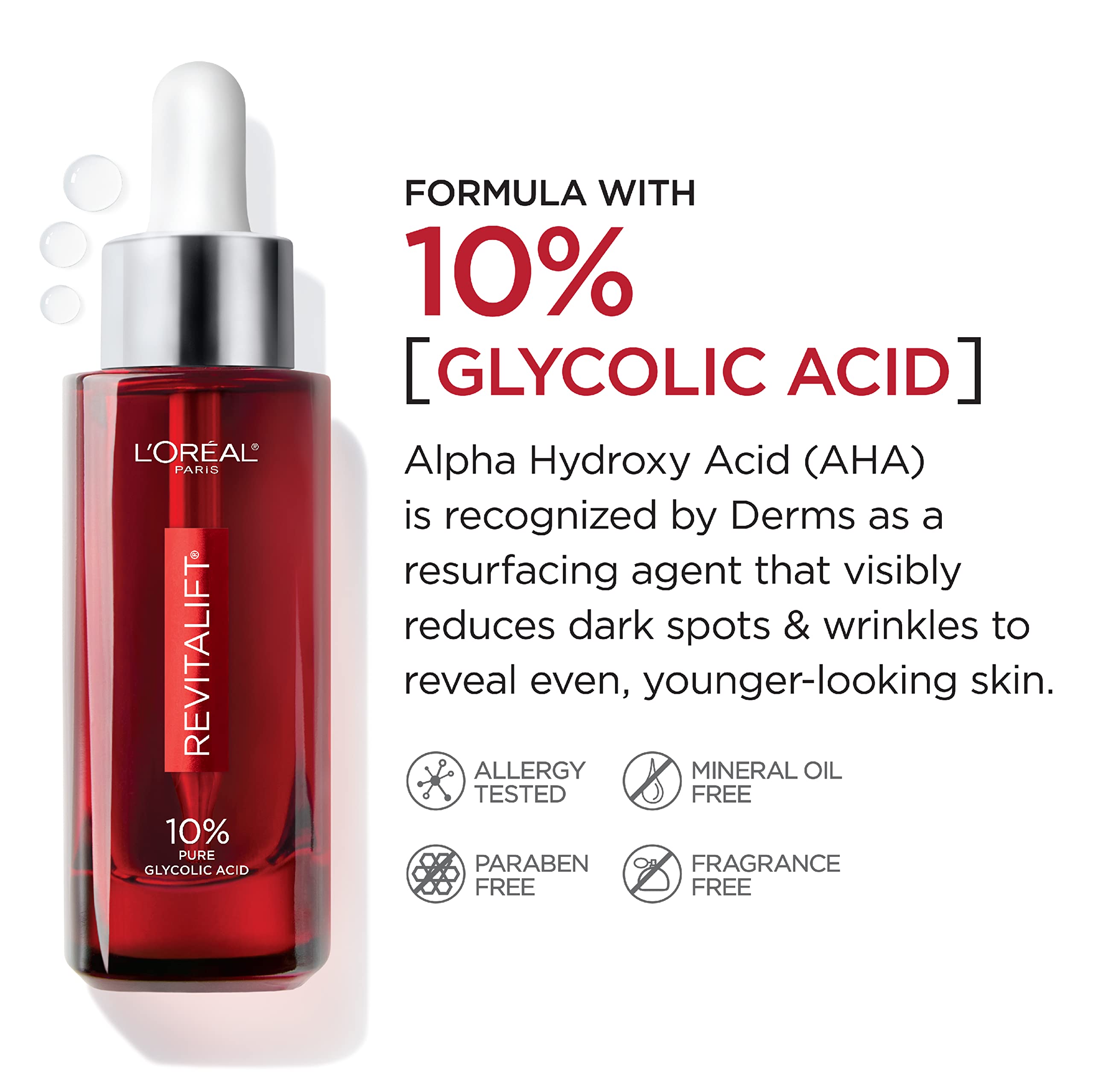 Close-up texture of L'Oreal Paris Revitalift serum highlighting lightweight, quick-absorbing formula.