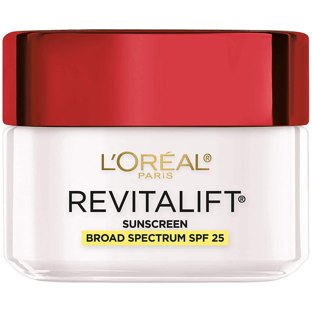 L'Oreal Paris Revitalift bottle front with SPF25 for daily wrinkle defense.