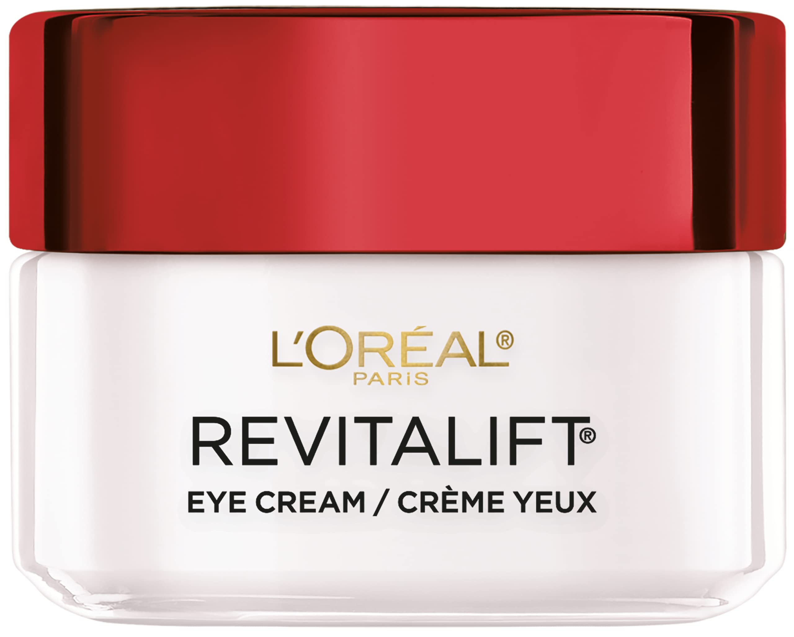 L'Oreal Paris Revitalift eye cream jar closeup shows a firming formula for the eye area