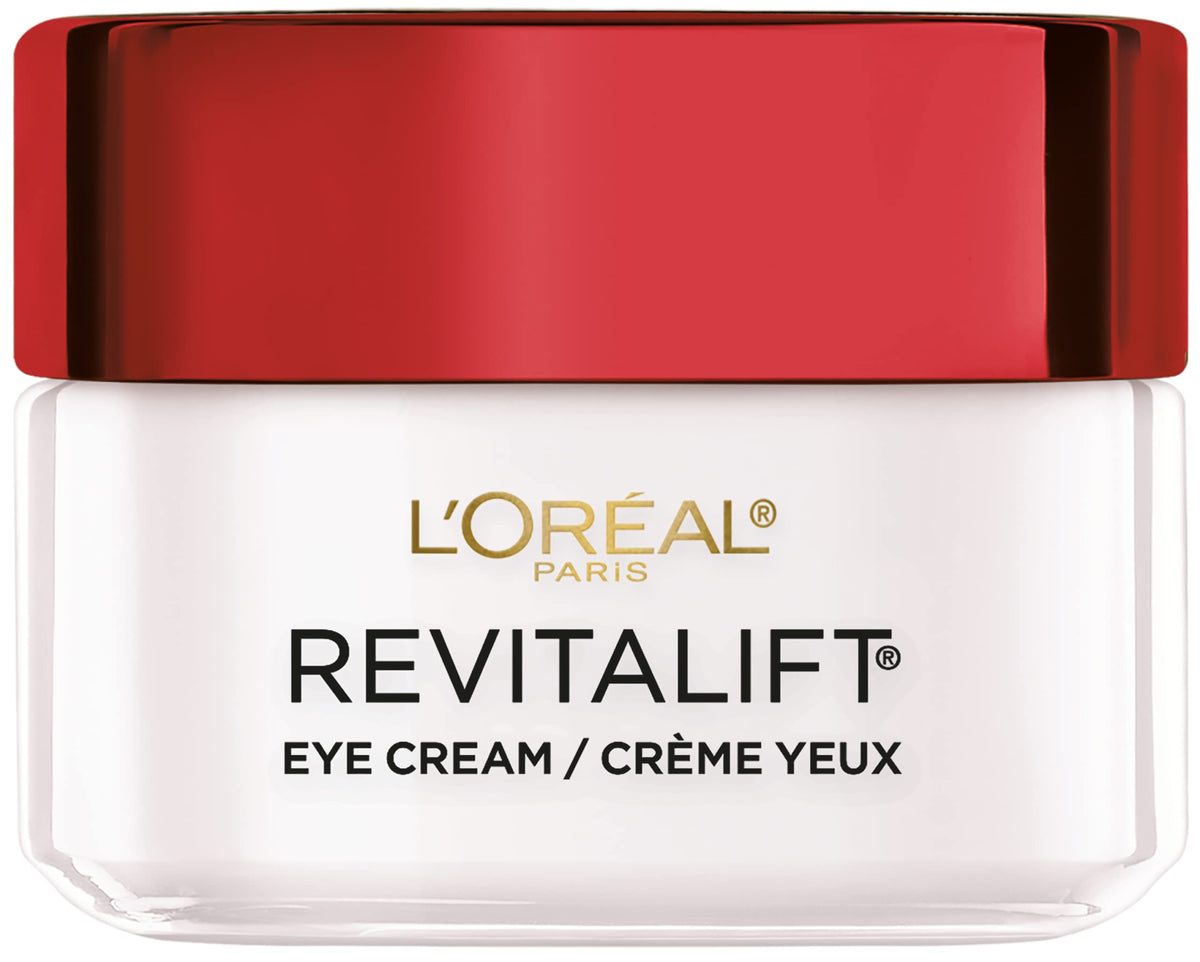 L'Oreal Paris Revitalift eye cream jar closeup shows a firming formula for the eye area