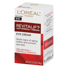 L’Oréal Paris RevitaLift eye cream jar close-up showing rich texture for under-eye care.