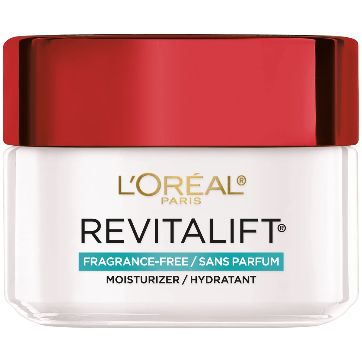 L'Oreal Paris Revitalift face cream jar showing firming and hydrating texture.