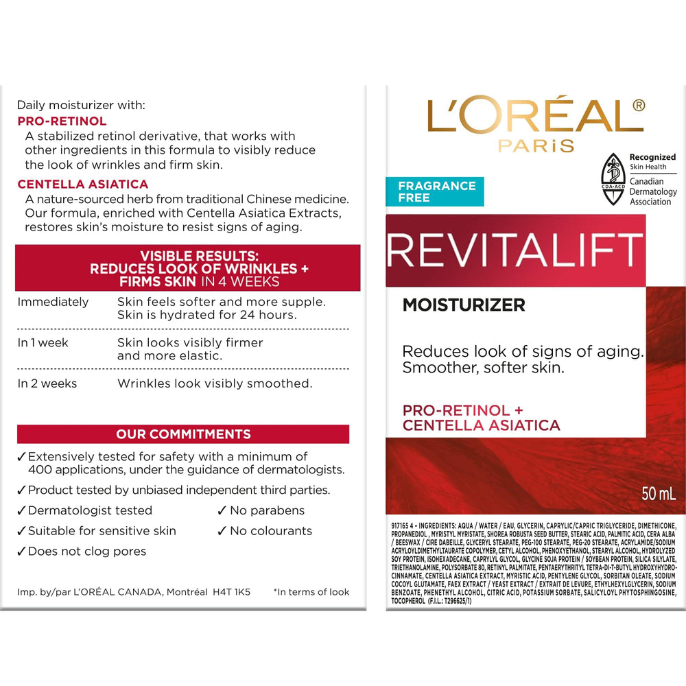 L'Oreal Paris Revitalift fragrance-free label emphasizes sensitive-skin friendly formula.