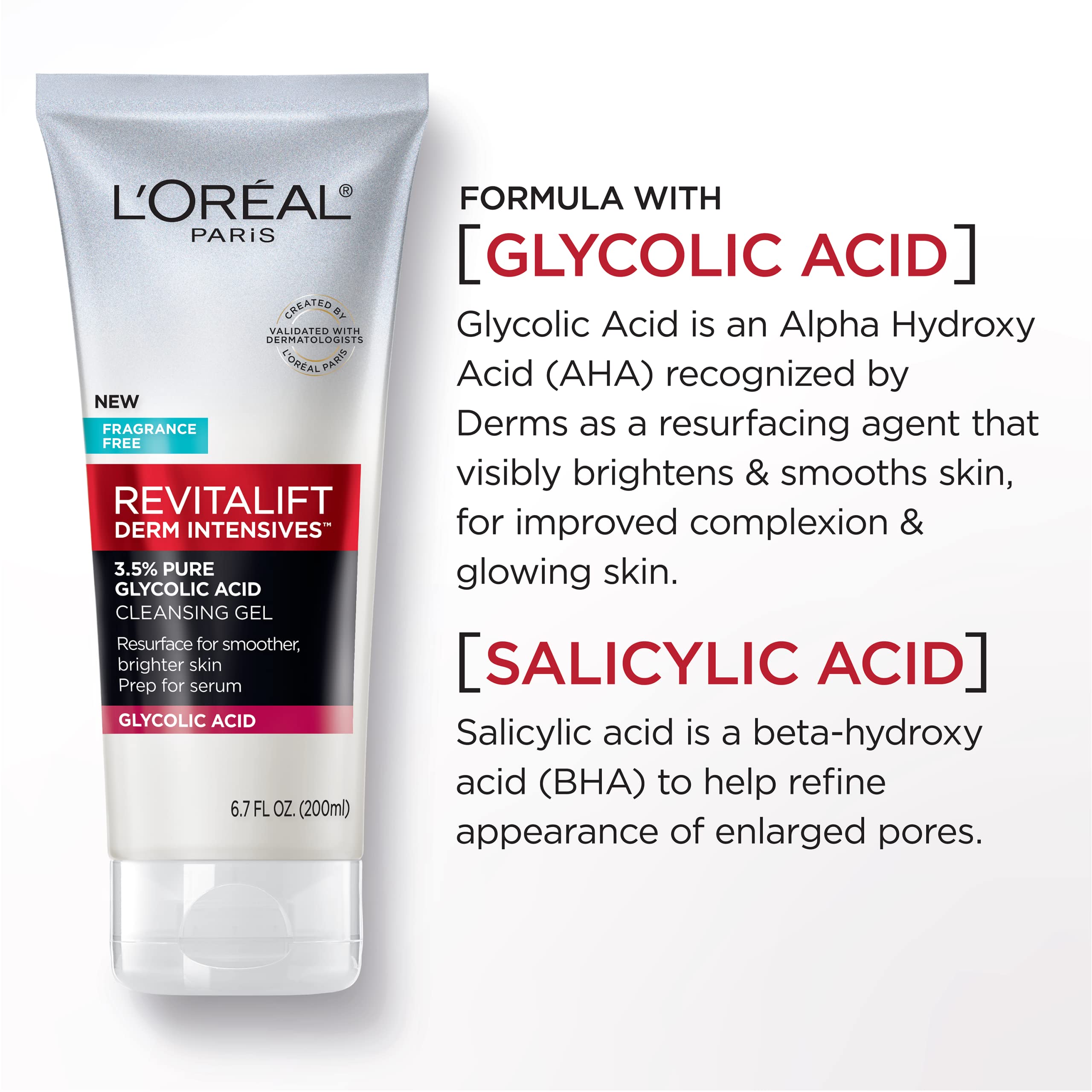 L'Oreal Paris Revitalift glycolic gel foaming texture highlights gentle exfoliation for smoother skin.