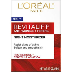 L'Oreal Paris Revitalift night cream label shows Pro Retinol for firmer-looking skin