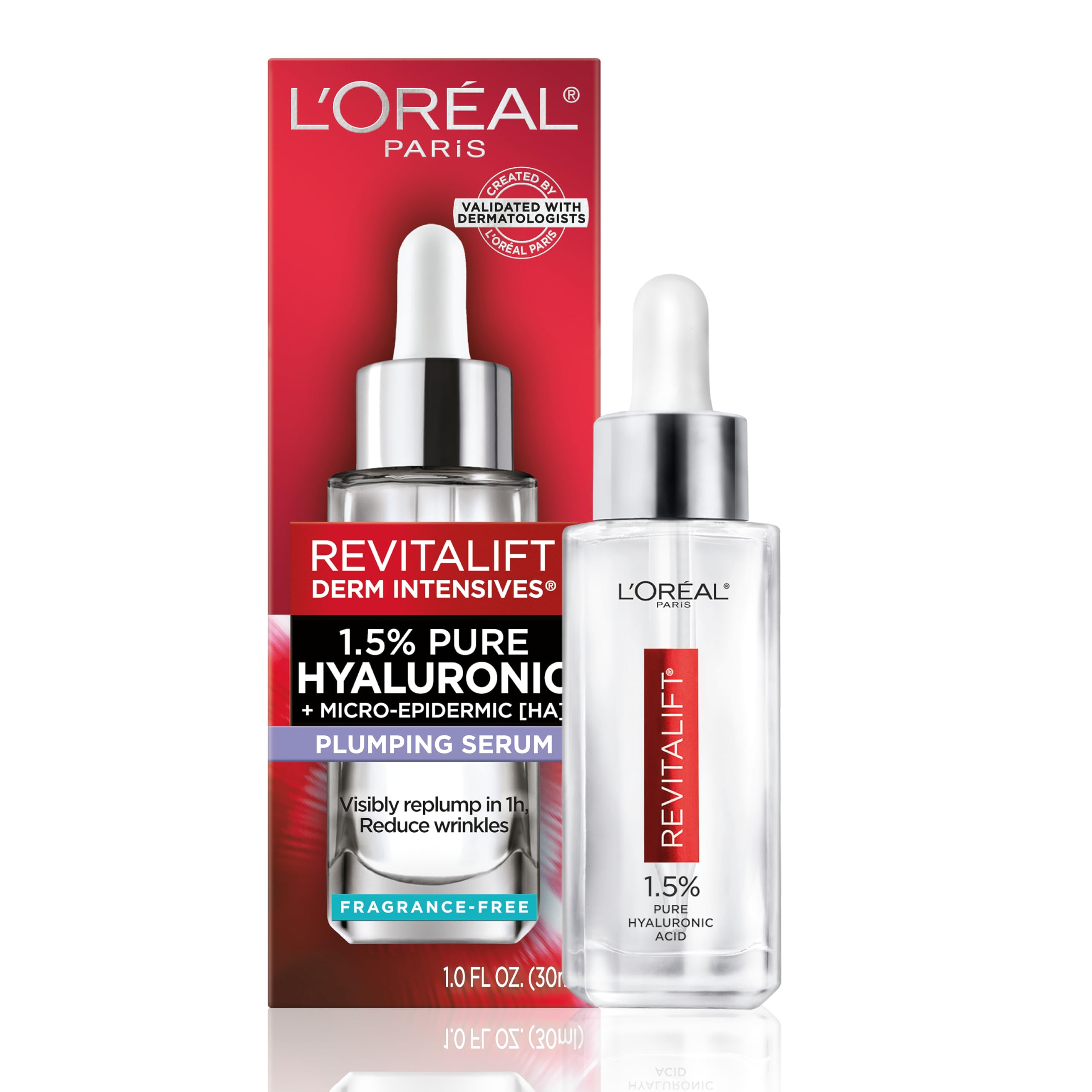 L’Oréal Paris Revitalift serum bottle close-up highlighting hydrating formula for dewy skin.