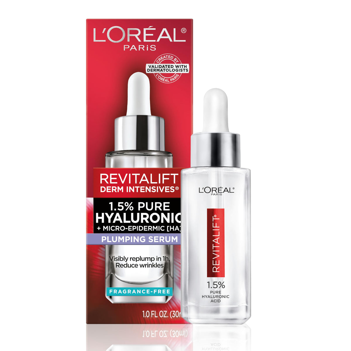 L’Oréal Paris Revitalift serum bottle close-up highlighting hydrating formula for dewy skin.