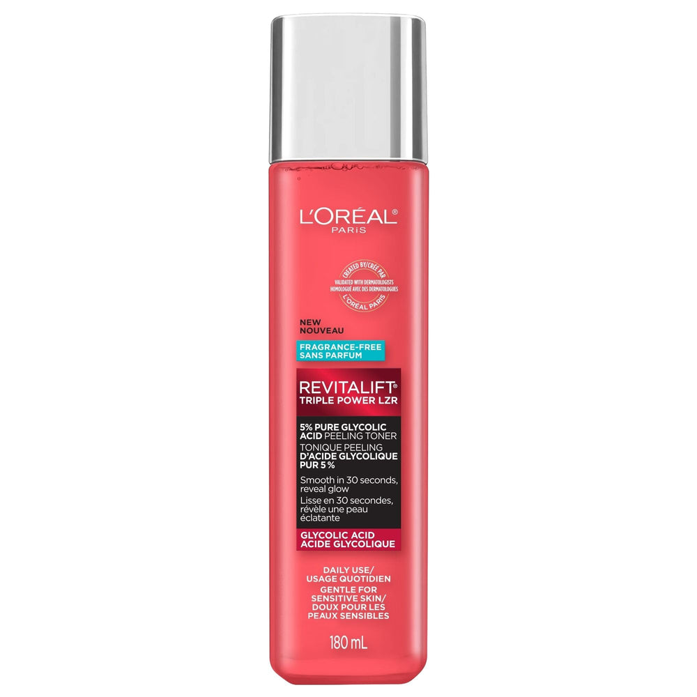 L'Oreal Paris Revitalift toner bottle close-up showing glycolic exfoliation benefits for smoother skin