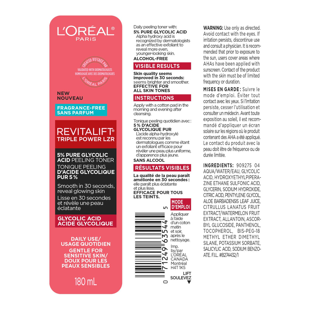 L'Oreal Paris Revitalift toner bottle on a vanity for a daily exfoliation routine