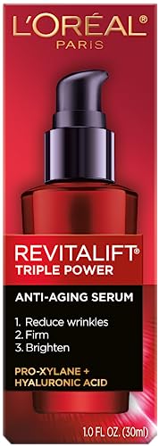 L'Oreal Paris Revitalift triple-power serum on face shows smooth and even-toned skin