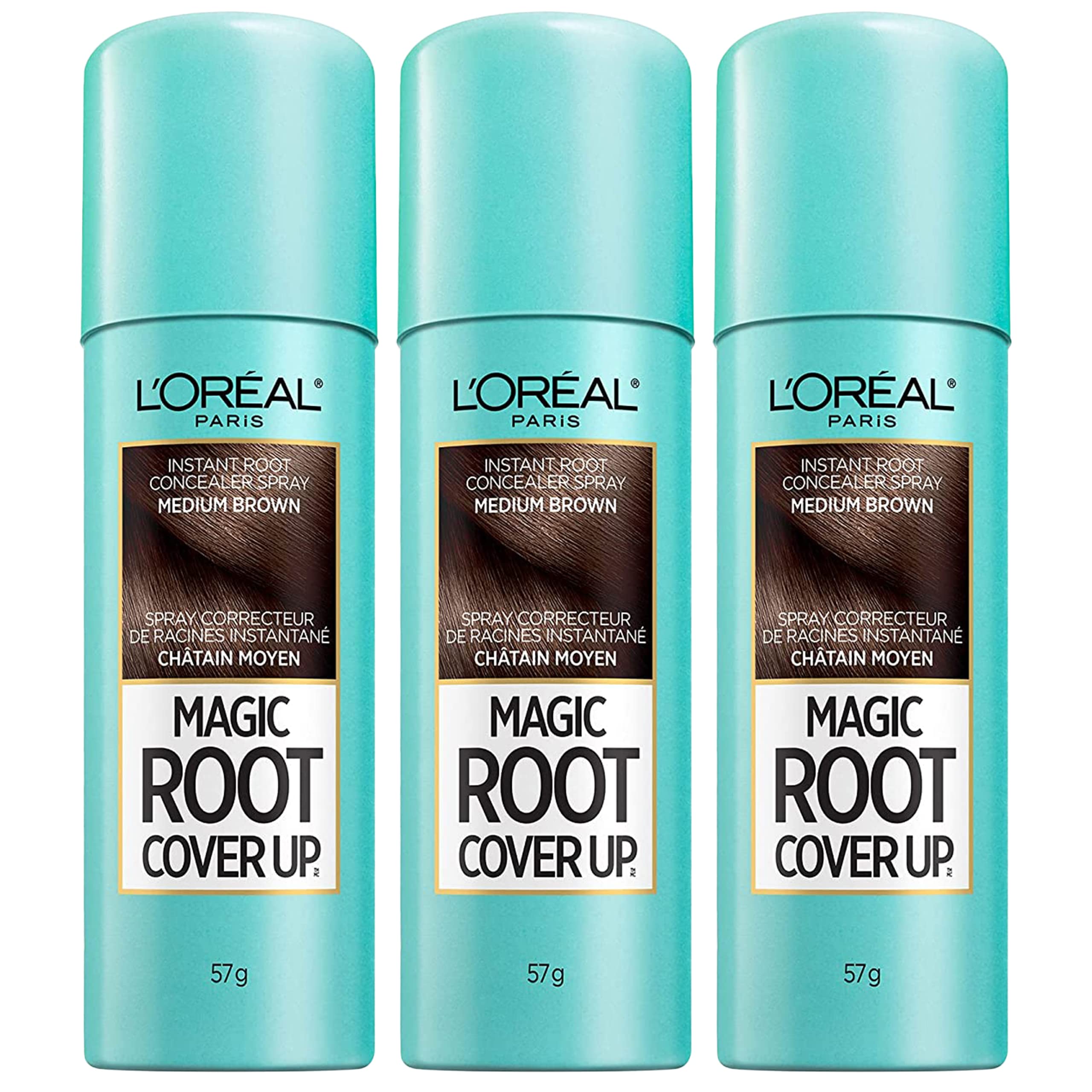 L'Oreal Paris Root Cover Up spray bottle in medium brown provides quick gray coverage.