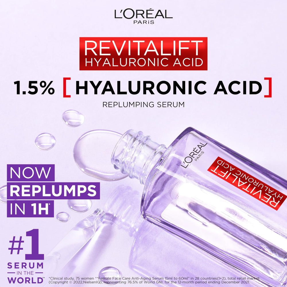 L'Oreal Paris Revitalift Filler dropper dispensing easy, targeted moisture delivery.