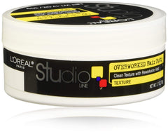 L'Oreal Paris Studio Line Overworked Hair Putty bottle closeup for flexible hold and definition.