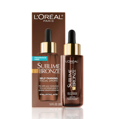 L'Oreal Paris Sublime Bronze drops bottle showcasing fragrance-free facial tanning.
