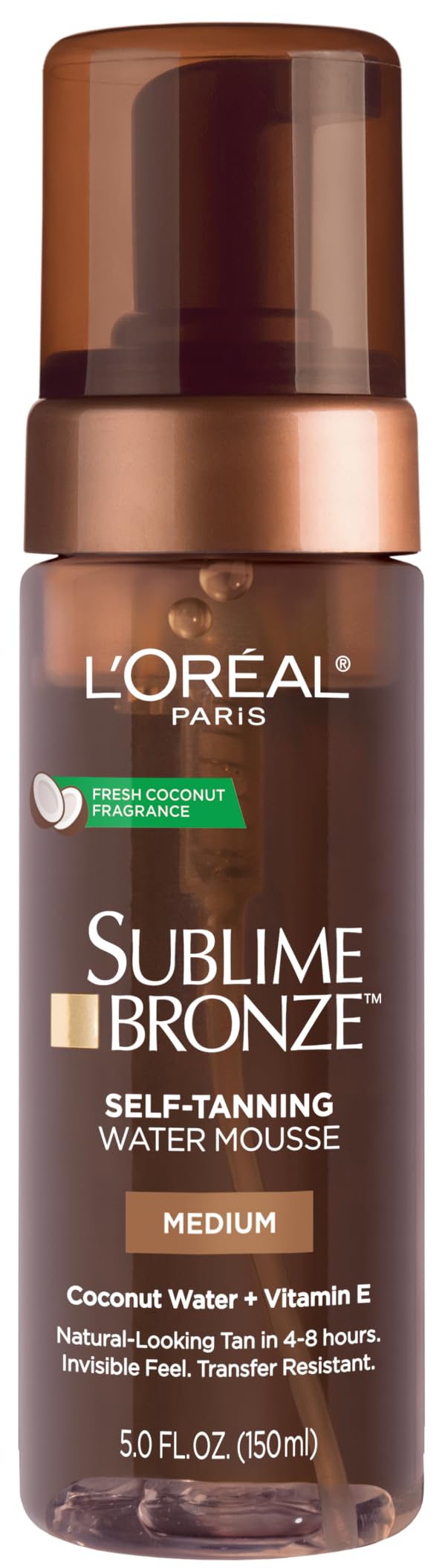 L'Oreal Paris Sublime Bronze Water Mousse bottle demonstrates lightweight, streak-free tanning.